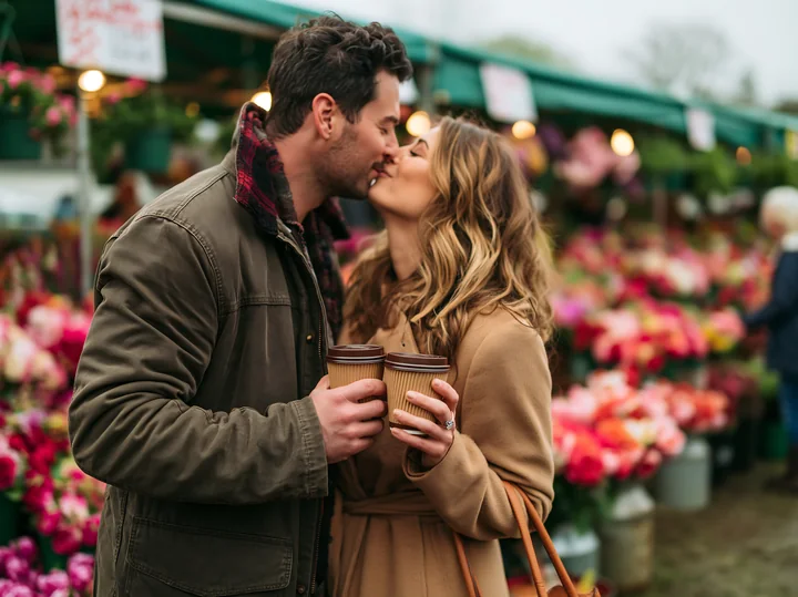 A couple kisses while holding coffee cups in a vibrant flower market surrounded by colorful blooms.