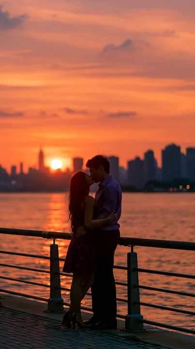 A couple kisses while standing close to the water as the sun sets behind a city skyline.