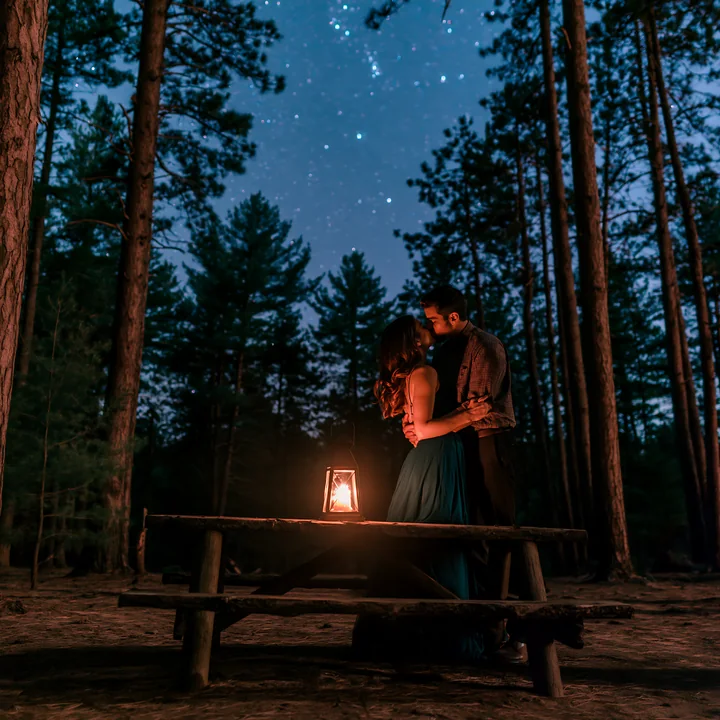 A couple kissing beneath stars beside a glowing lantern in a forest at night.