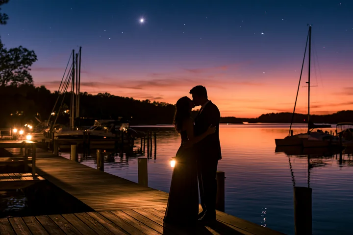 A couple kissing on a dock under stars at sunset.
