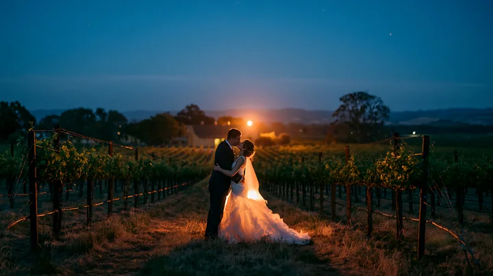 A couple kissing under a starry sky stands in a vineyard at night, surrounded by rows of grapevines.