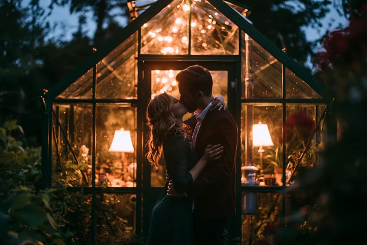A couple kissing under stars during a romantic date in a garden.