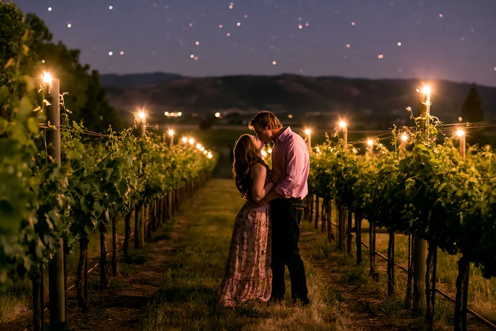 A couple kissing under stars during a romantic date in a vineyard at night.