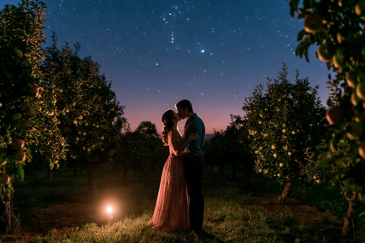 A couple kissing under stars during a romantic date stands in an apple orchard during twilight.