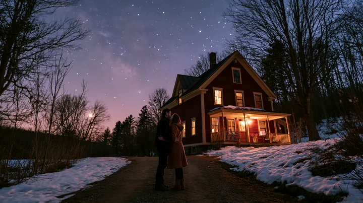 A couple kissing under stars wearing warm coats stands on a path by a cabin.