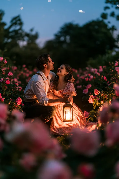 A couple laughing in a rose garden beneath stars holds a lantern.