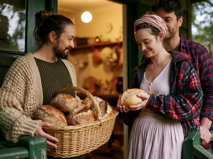 A couple on cottage porch enjoys fresh bread from a basket.