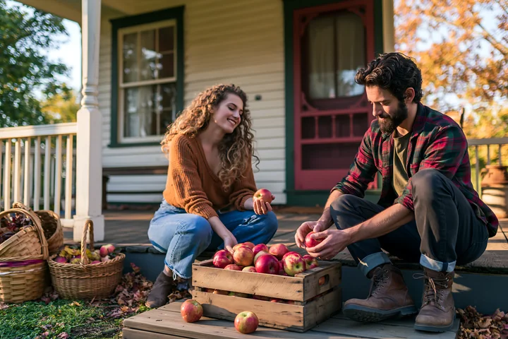A couple on cottage porch gathers apples in baskets while enjoying their time together.