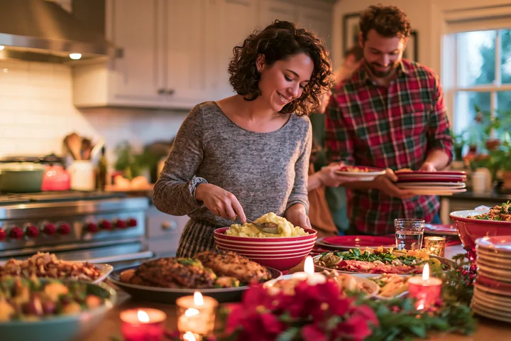 A couple prepares a festive Christmas dinner in a cozy kitchen.