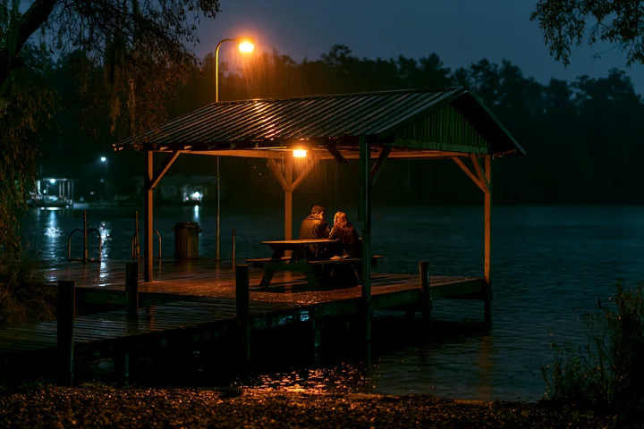 A couple relaxing beside a lake at night sits on a dock.