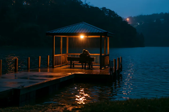 A couple relaxing beside a lake at night sits under a gazebo while it rains.