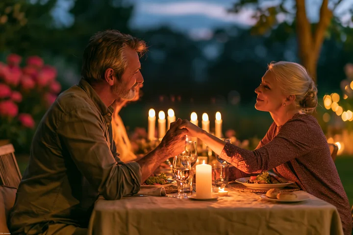 A couple shares a gentle kiss on the hand in a romantic setting during a candlelit dinner.