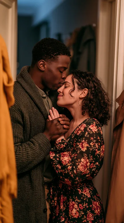 A couple shares a gentle kiss while holding hands in a cozy indoor space.