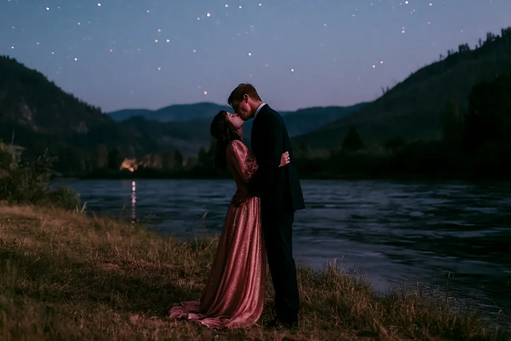 A couple shares a kiss by a river surrounded by mountains at night.