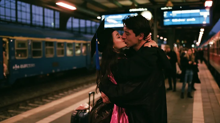 A couple shares a kiss during a graduation celebration at a train station.