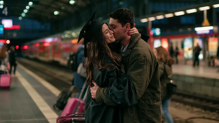A couple shares a kiss during a graduation celebration at a train station.