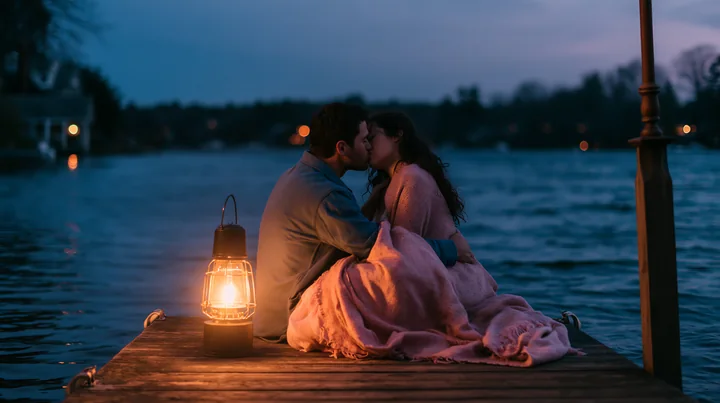 A couple shares a kiss while sitting on a dock by a lake.