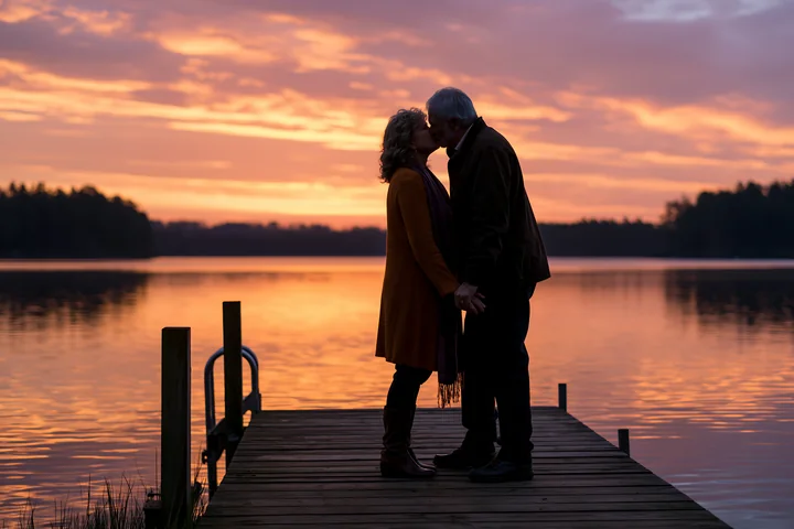 A couple shares a romantic kiss at sunset on a dock by the lake, holding hands as the sun sets, casting a colorful glow on the water.
