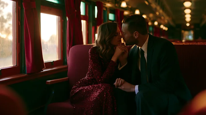 A couple sits closely on a vintage train, sharing a gentle kiss on hand in a romantic setting.