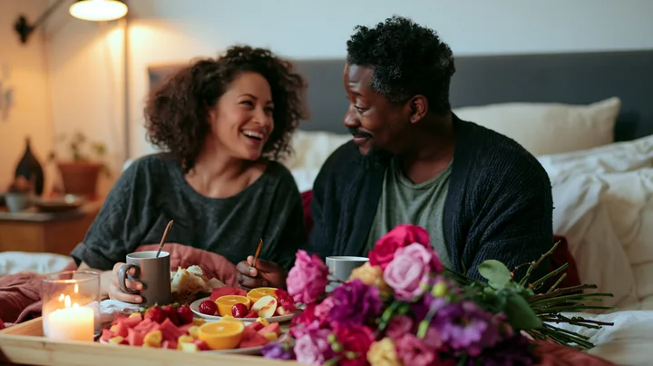 A couple sits in bed sharing breakfast with fruit and drinks while smiling at each other.