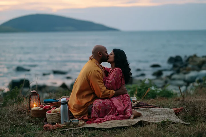 A couple sits on a blanket, sharing a romantic kiss by the water during sunset.