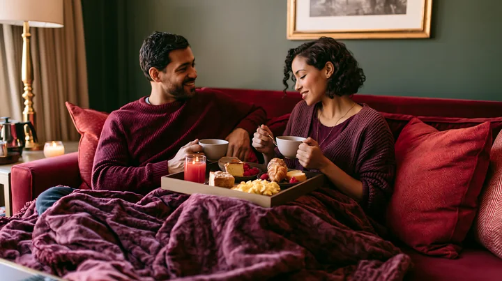 A couple sits on a festive sofa with blankets and pillows, enjoying a meal together.