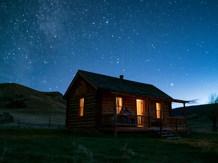 A couple sits together on the porch of a mountain cabin under a starry sky.