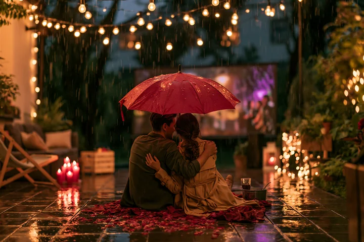 A couple sits under a red umbrella while enjoying a movie during rain, surrounded by string lights and candles.