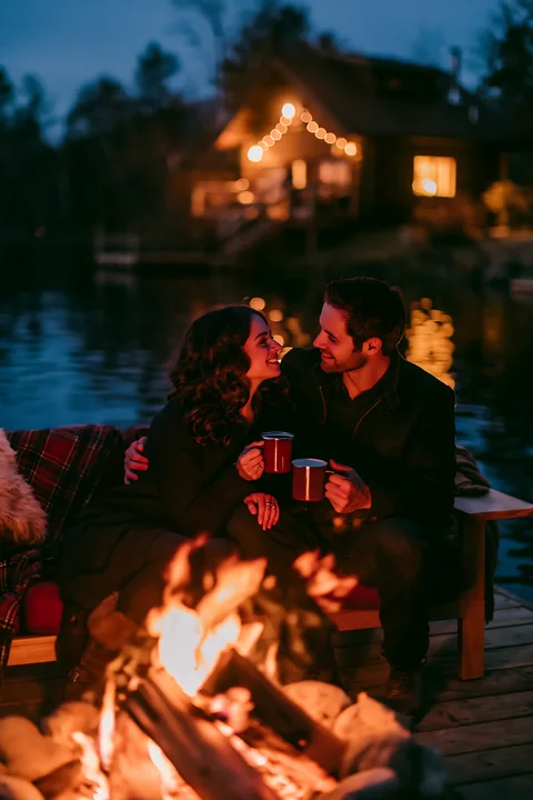A couple sitting beside a fire under the night sky enjoys warm drinks while gazing at each other.