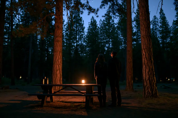 A couple stands by a picnic table, looking up at the stars in a national park.