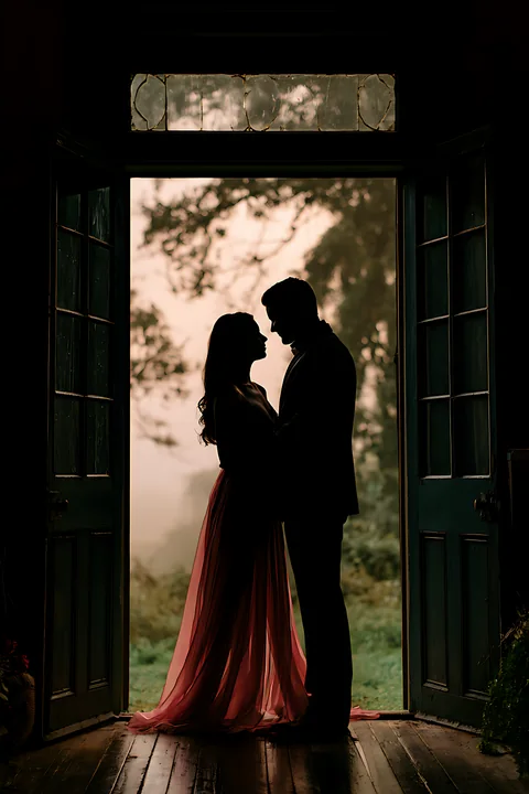 A couple stands close together in a doorway, silhouetted against a scenic landscape during sunset.