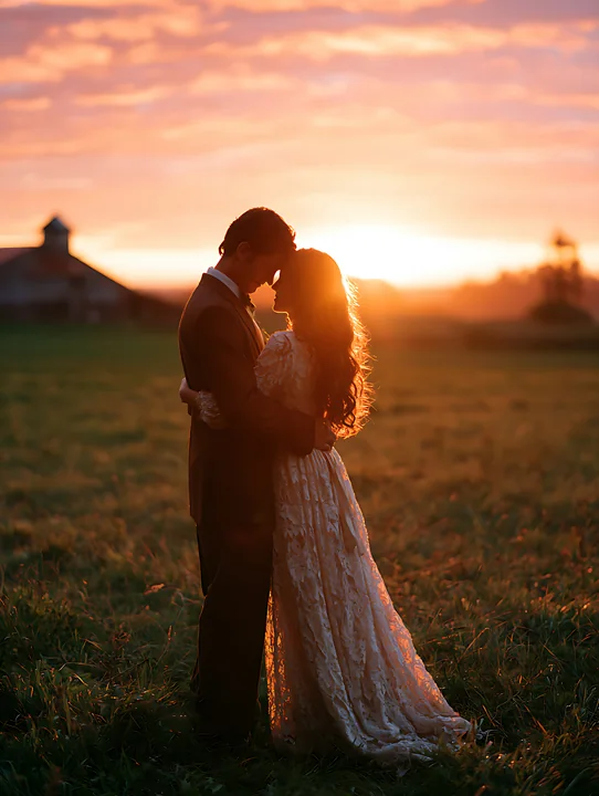 A couple stands close together in an open field at sunset, sharing an intimate moment surrounded by nature and the warm glow of the sun.
