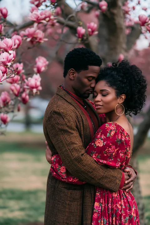 A couple stands close together outdoors, embracing under blooming pink trees, enjoying the warm spring weather.