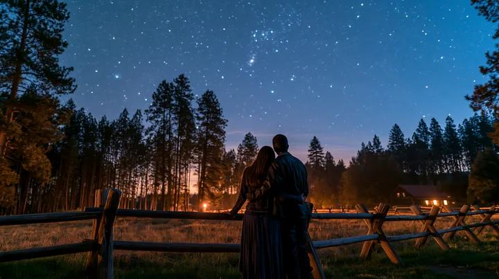 A couple stands embraced under a sky full of stars in a pine forest.