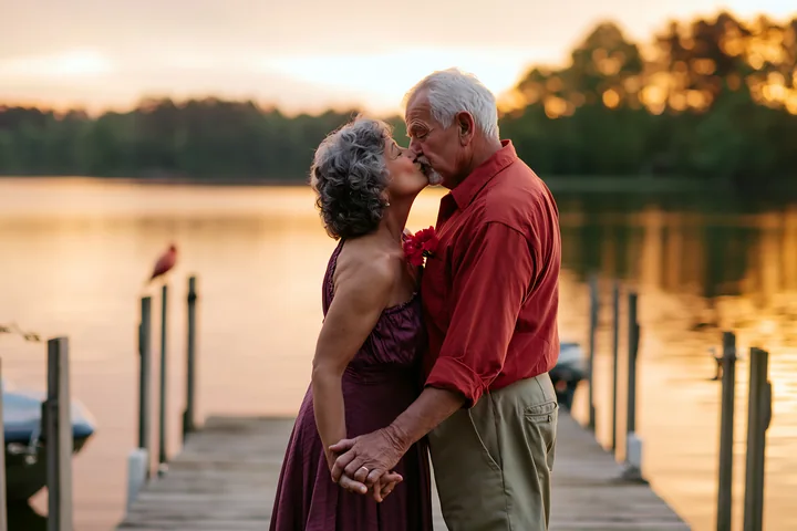 A couple stands on a dock by a lake, sharing a kiss that symbolizes lasting relationship.