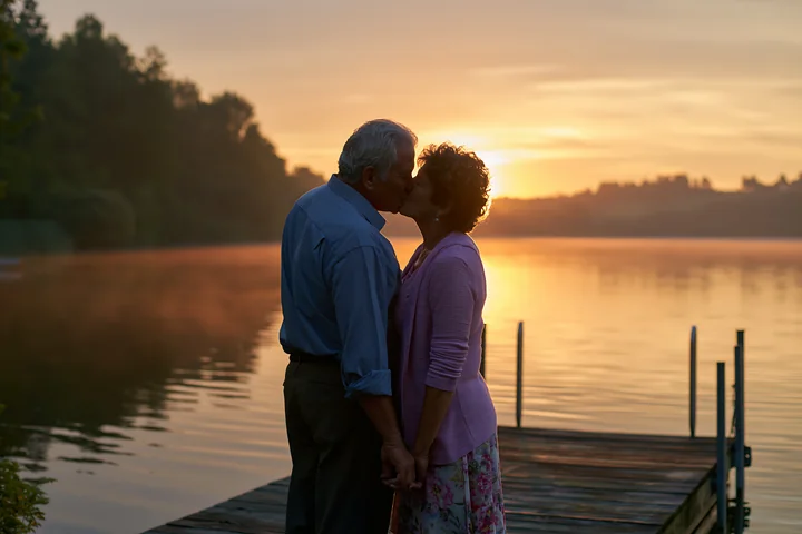 A couple stands on a pier at the lake, sharing a kiss as the sun sets in the background.