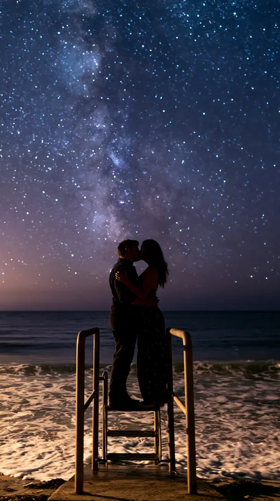 A couple stands on a wooden dock, sharing a romantic kiss under stars near ocean waves.