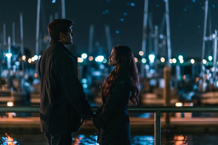 A couple stands together at a marina, holding hands beneath the night sky.