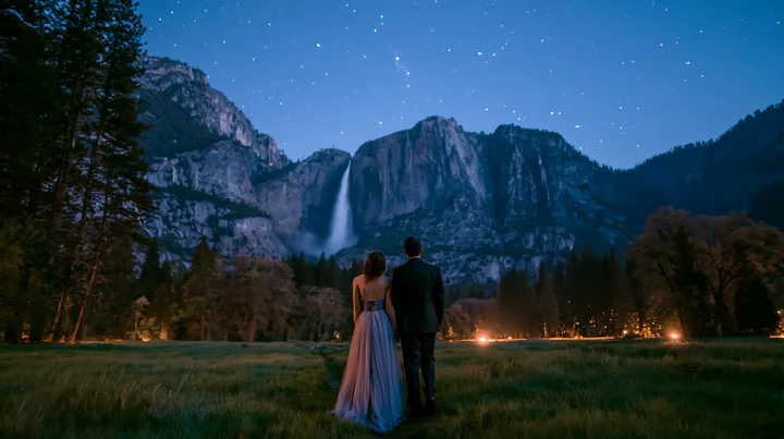 A couple stands together, looking at a waterfall under a starry sky in a forest clearing.