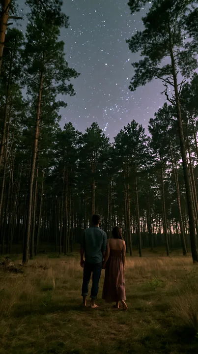 A couple stands together under a starry sky in a pine forest.