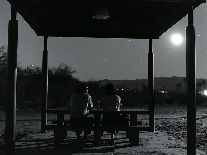 A couple stargazing in a desert at night sits on a bench beneath a shelter.