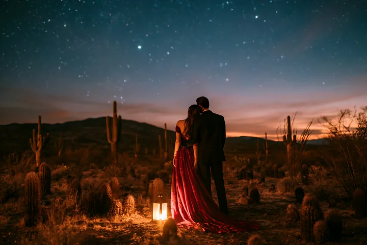 A couple stargazing in a desert at night stands close together beside a glowing lantern.
