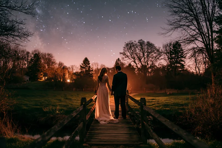 A couple under stars in a rural backyard walks hand in hand on a wooden bridge surrounded by trees and grass.