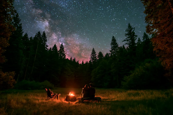 A couple viewing the Milky Way from a forest clearing sits near a campfire under a starry sky, surrounded by tall trees and a peaceful atmosphere.