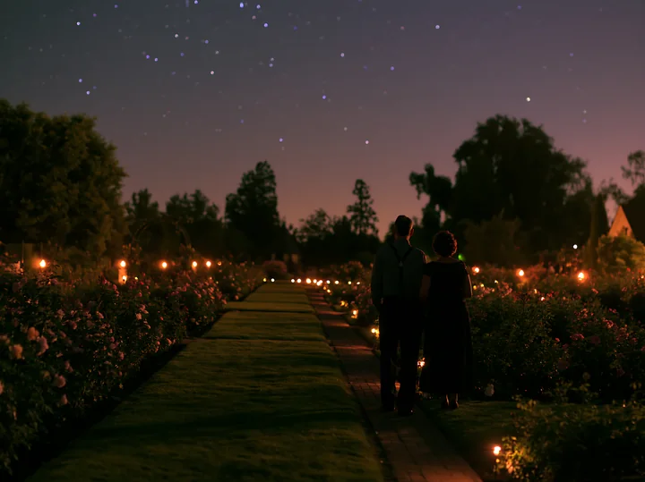 A couple walking away through rose garden under stars at night creates a romantic scene.