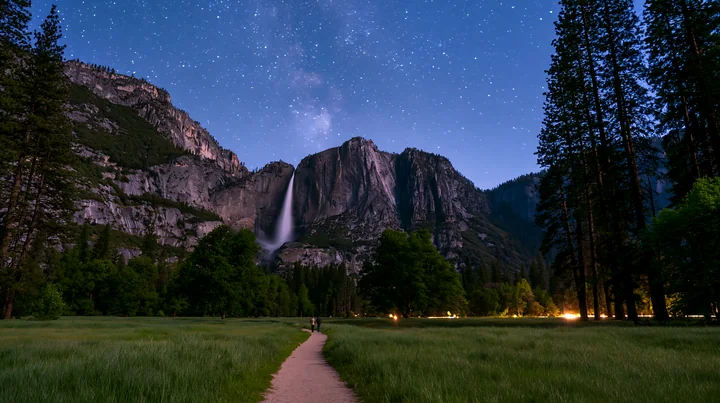 A couple walks along a path under the stars near a waterfall in a natural setting.