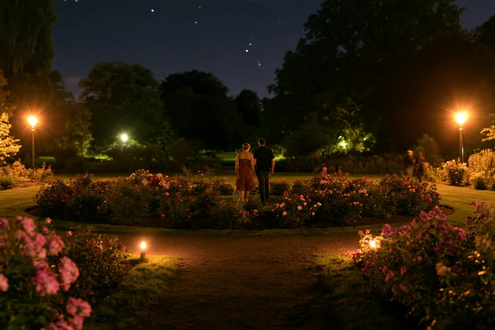 A couple walks away through a rose garden under stars at night.