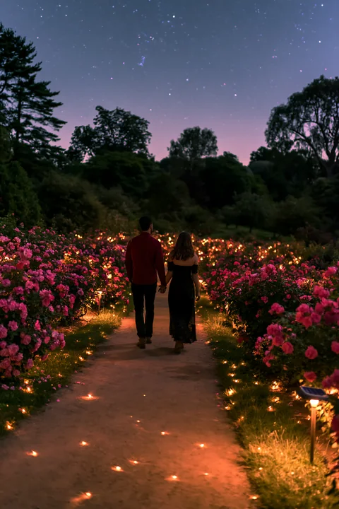 A couple walks hand in hand along a path surrounded by illuminated rose bushes under a starry sky during twilight.