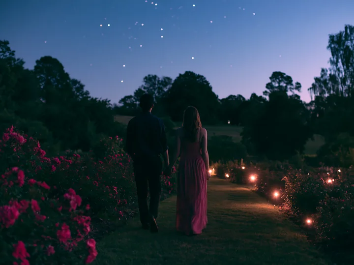 A couple walks hand in hand through a rose garden under a starry night sky.