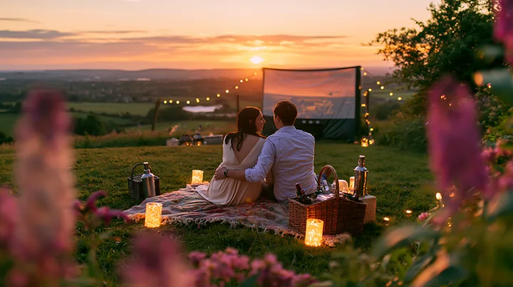 A couple watches an outdoor movie together on a blanket at sunset, surrounded by lanterns, string lights, and picnic baskets.
